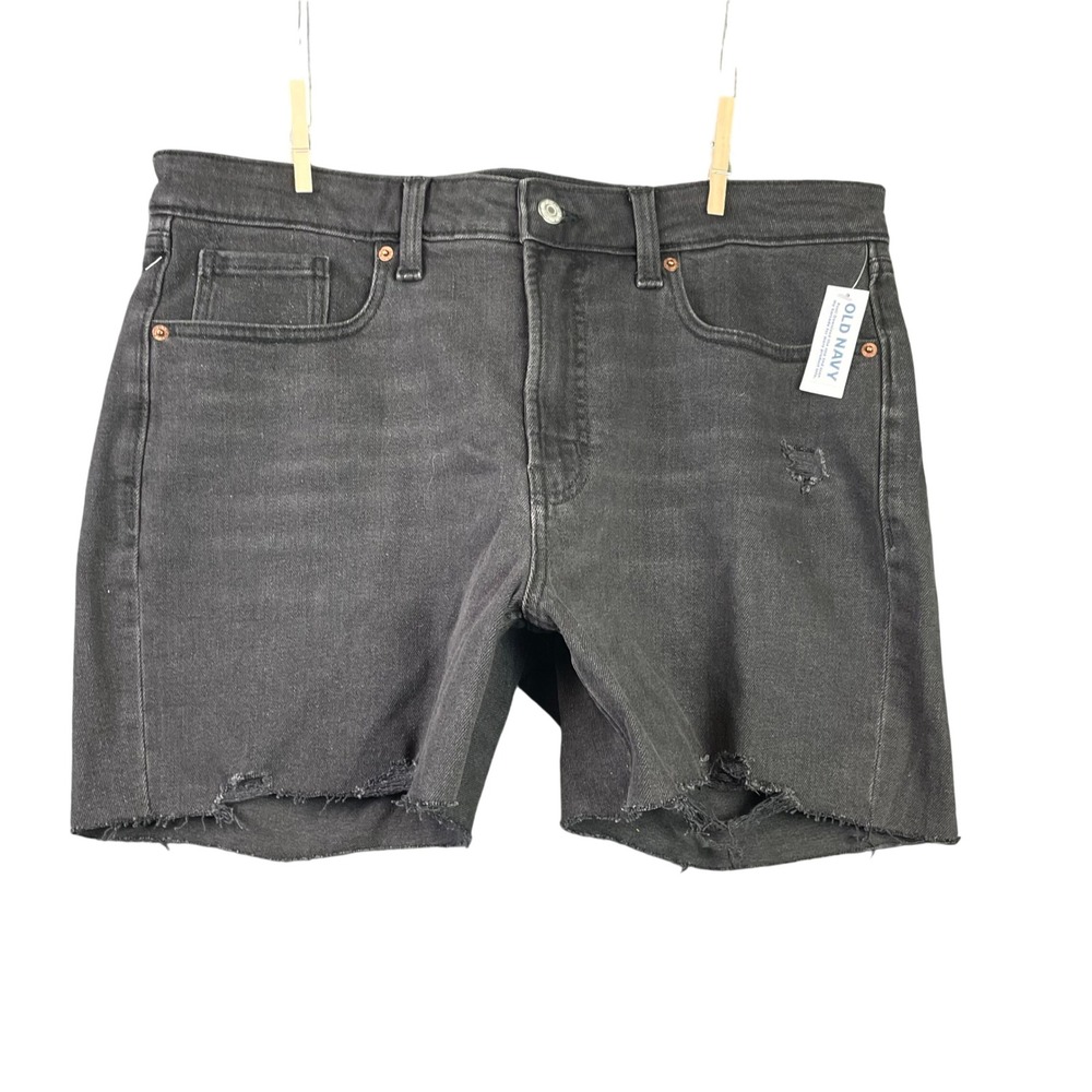 Old Navy OG Straight Denim Shorts Womens 14 Black High Rise Raw Hem Distressed‎